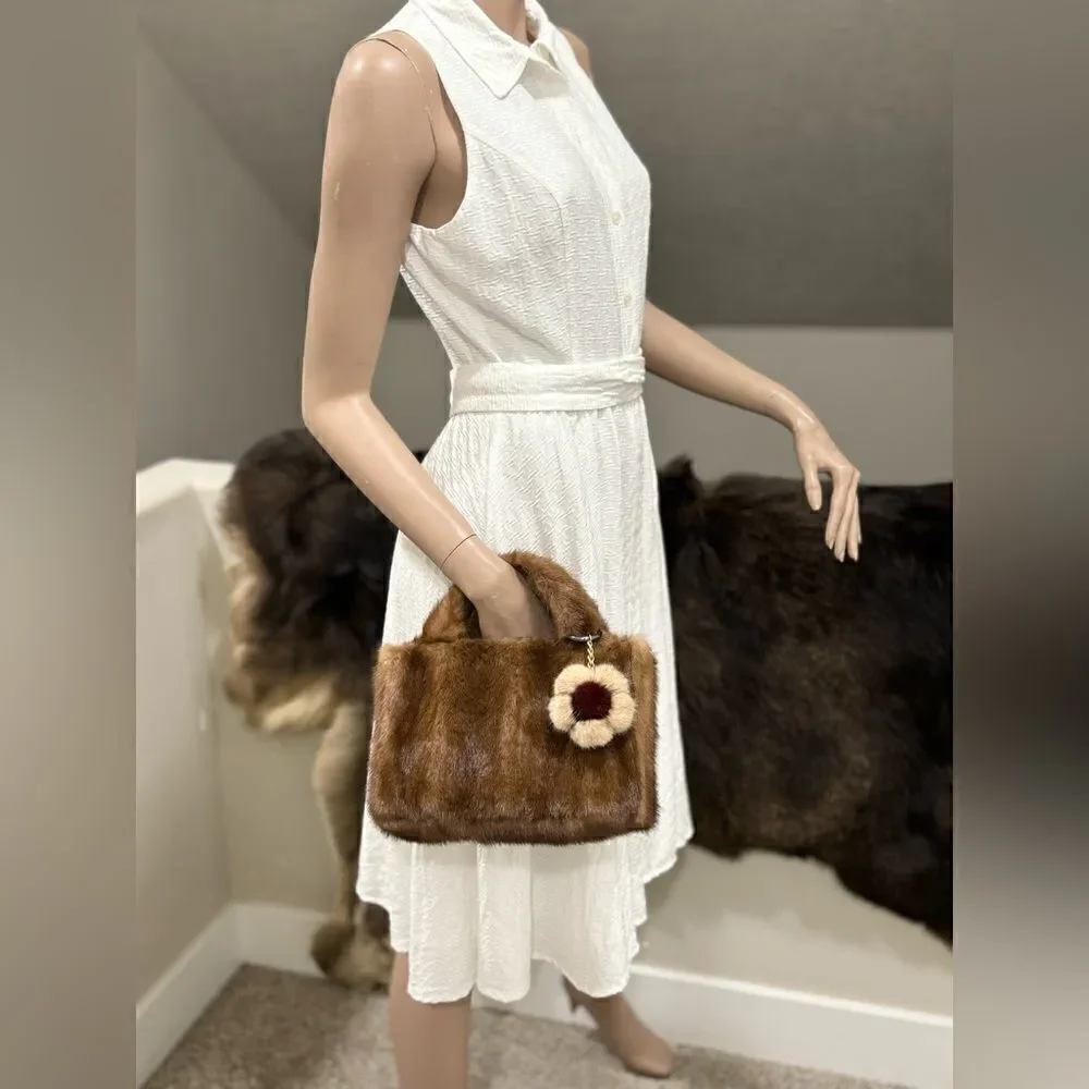 Handmade Real Muskrat Fur Top Handles Satchel With Mink Fur Flower Bag Charm